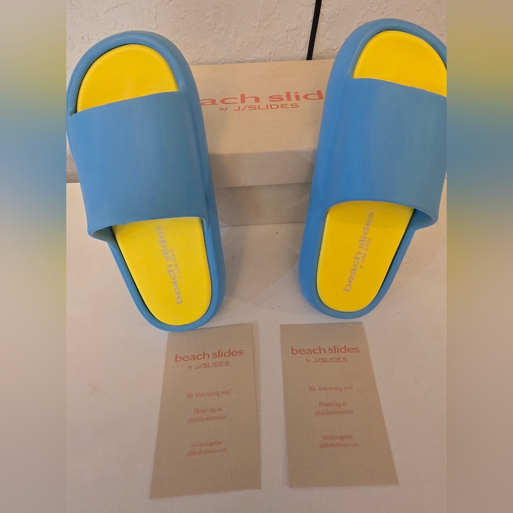 J/SLIDES Blue and Yellow Women's Sandals